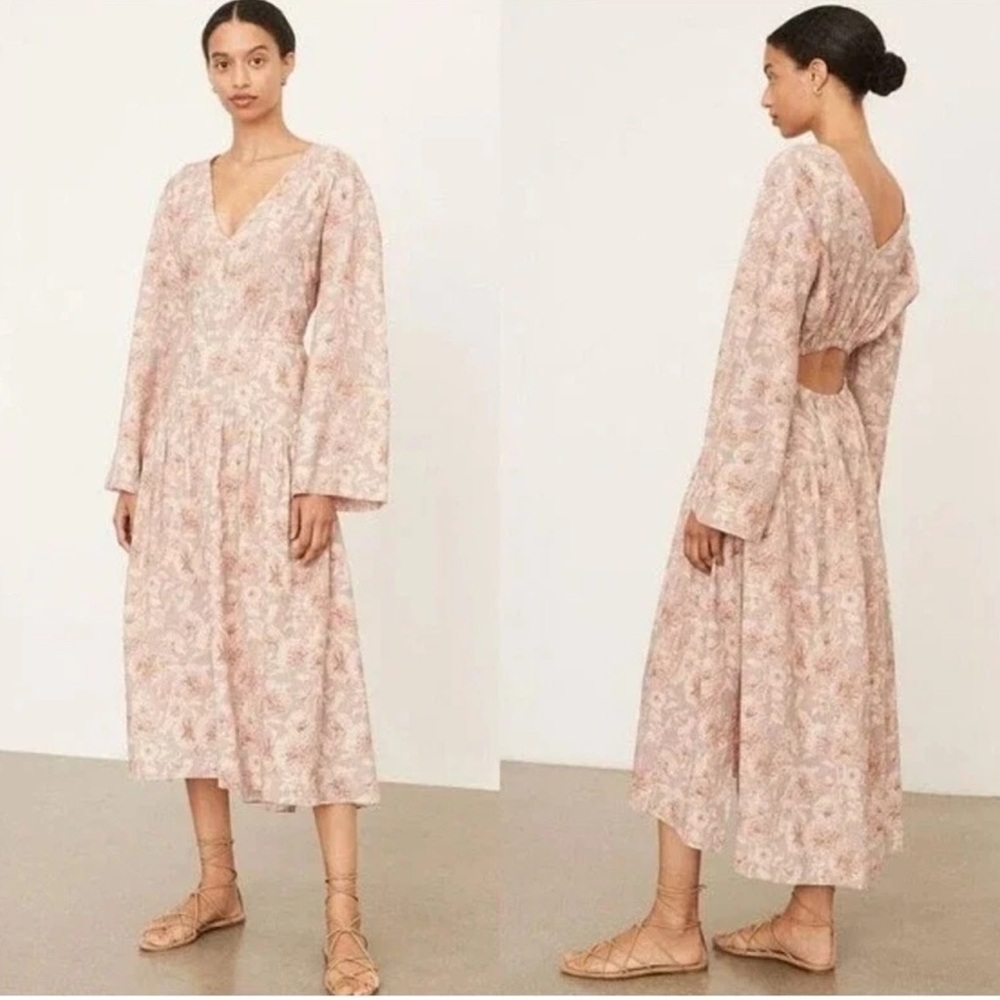 Vince Dahlia Midi Dress Floral Cut Out‎ Back Long Sleeve size S NWT